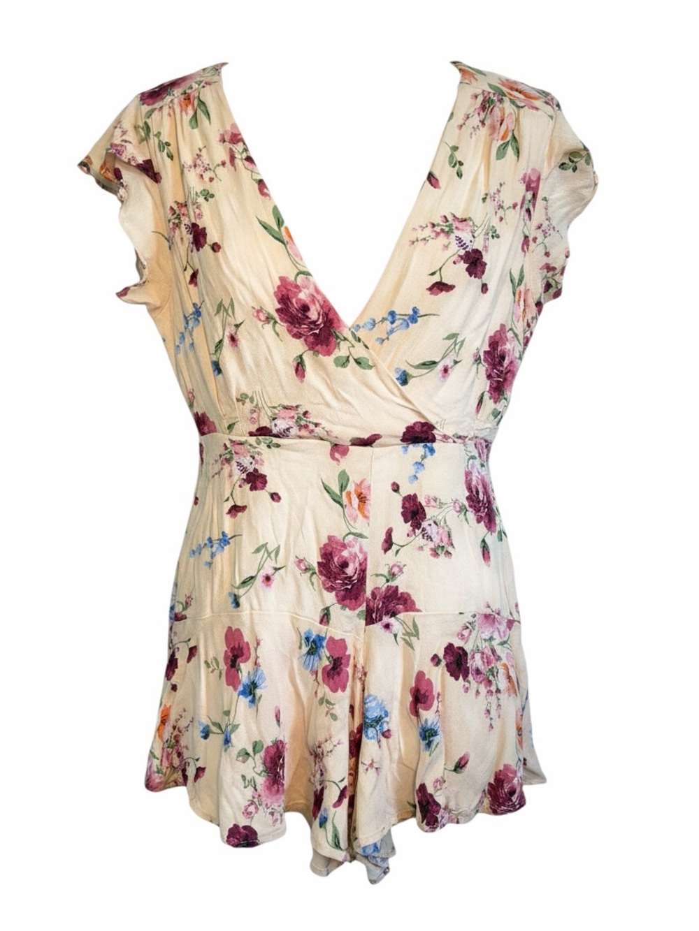 Altar'd State Cream Floral Wrap Romper with Pink & Blue Accents